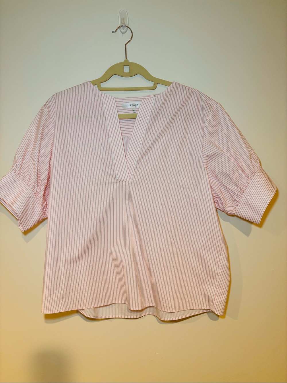Frame Denim V- Neck Pink Poplin Pinstripe Blouse
